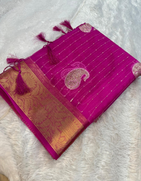 Organza Silk Saree with Sequence Embroidery Work and Tassels
