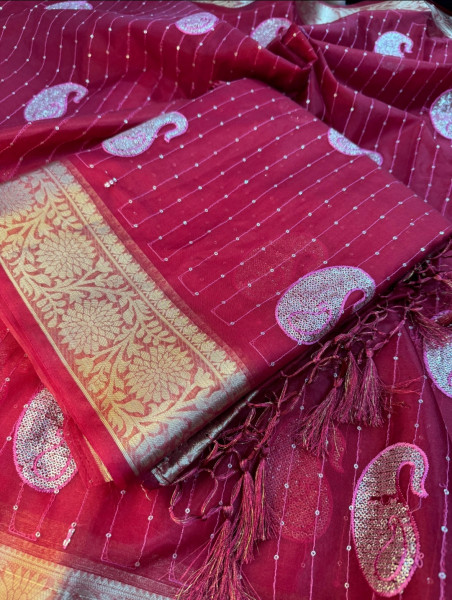 Organza Silk Saree with Sequence Embroidery Work and Tassels