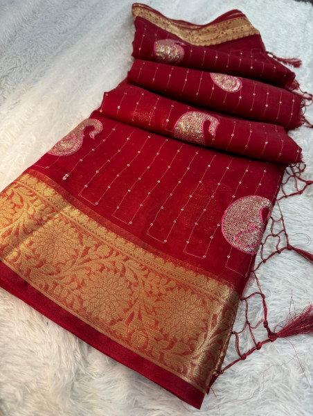 Organza Silk Saree with Sequence Embroidery Work and Tassels