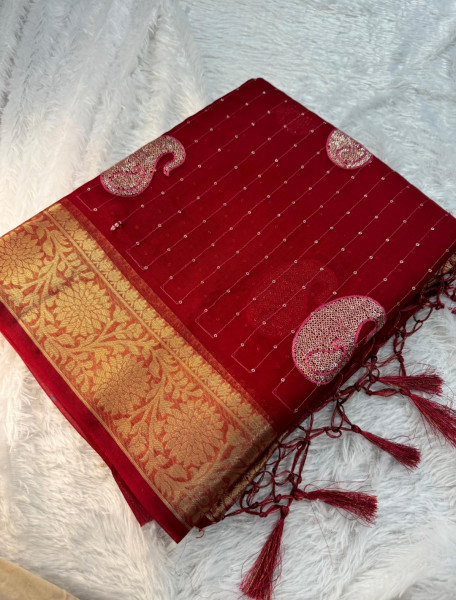 Organza Silk Saree with Sequence Embroidery Work and Tassels