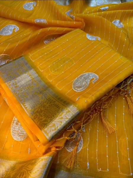 Organza Silk Saree with Sequence Embroidery Work and Tassels