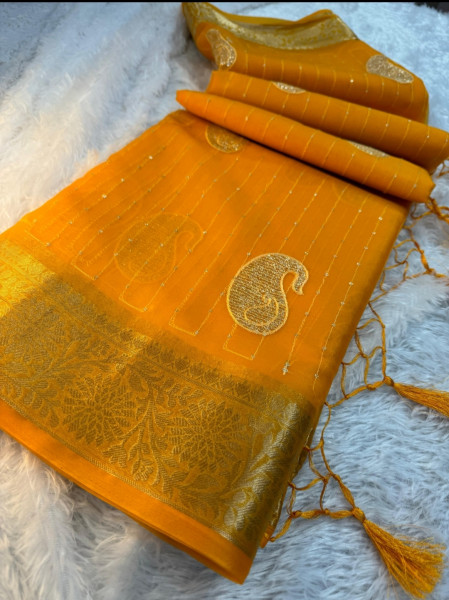 Organza Silk Saree with Sequence Embroidery Work and Tassels