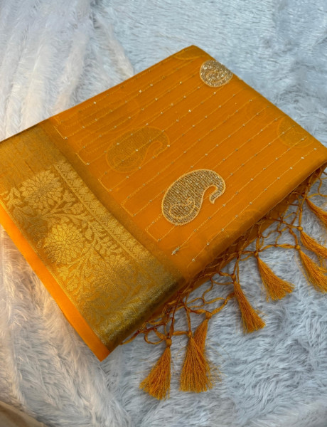 Organza Silk Saree with Sequence Embroidery Work and Tassels
