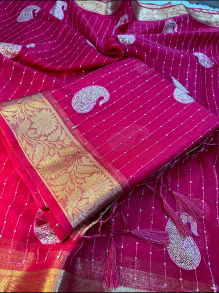 Organza Silk Saree with Sequence Embroidery Work and Tassels