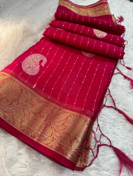 Organza Silk Saree with Sequence Embroidery Work and Tassels
