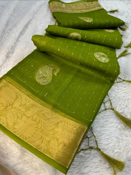 Organza Silk Saree with Sequence Embroidery Work and Tassels