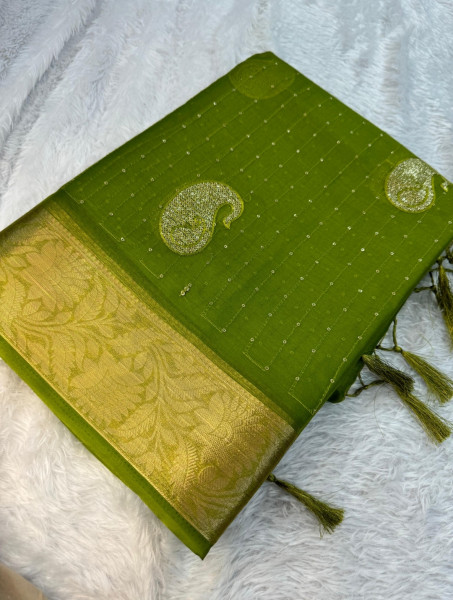 Organza Silk Saree with Sequence Embroidery Work and Tassels