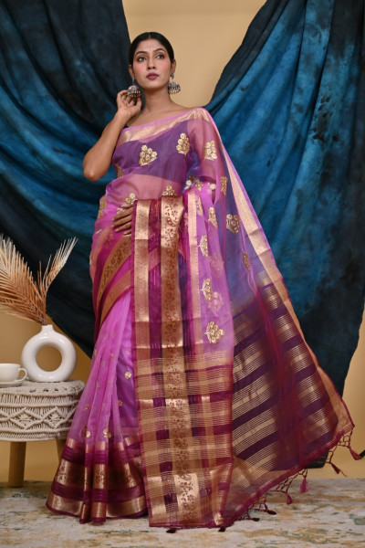Organza Silk Saree with Gold Zari Embroidery Work and Sequence Border