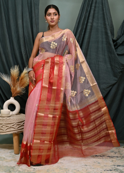 Organza Silk Saree with Gold Zari Embroidery Work and Sequence Border