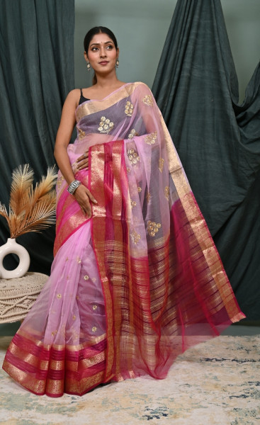 Organza Silk Saree with Gold Zari Embroidery Work and Sequence Border