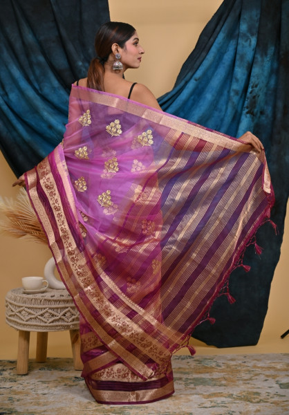 Organza Silk Saree with Gold Zari Embroidery Work and Sequence Border
