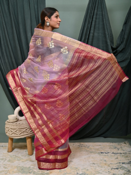 Organza Silk Saree with Gold Zari Embroidery Work and Sequence Border