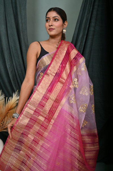 Organza Silk Saree with Gold Zari Embroidery Work and Sequence Border