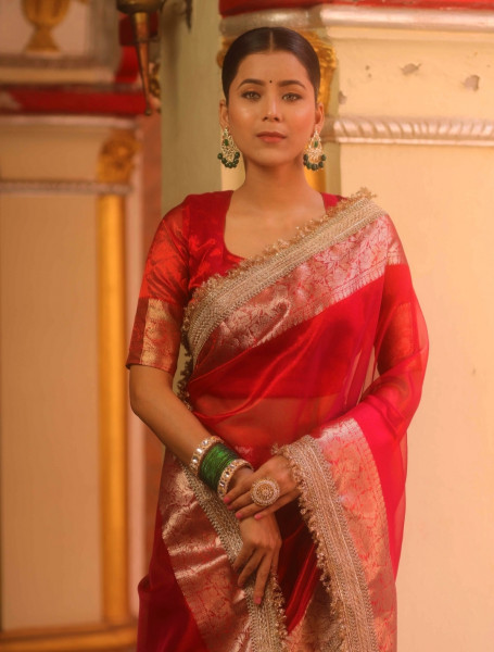 Banarasi Tissue Silk Dual Tone Saree with Designer Lace