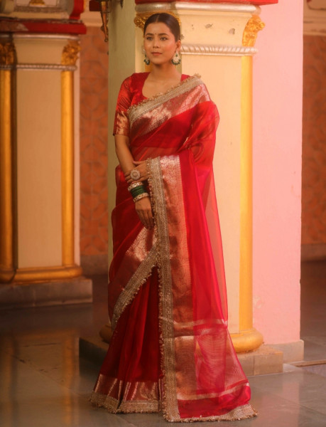 Banarasi Tissue Silk Dual Tone Saree with Designer Lace