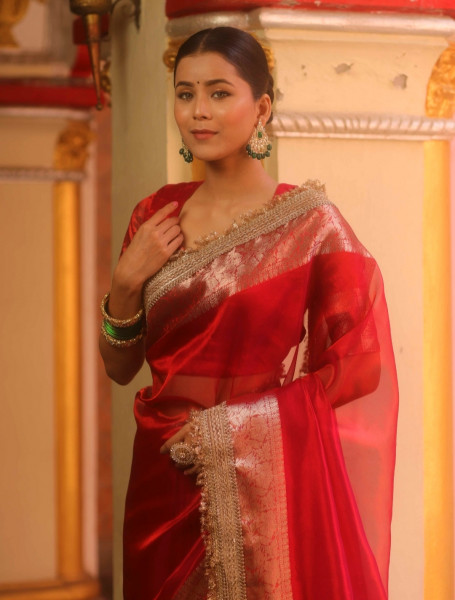 Banarasi Tissue Silk Dual Tone Saree with Designer Lace