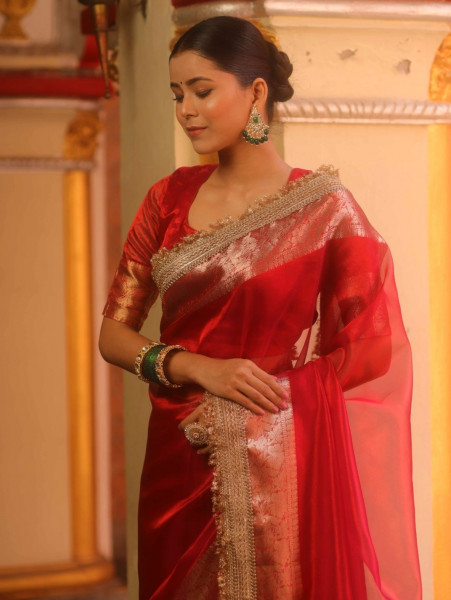 Banarasi Tissue Silk Dual Tone Saree with Designer Lace