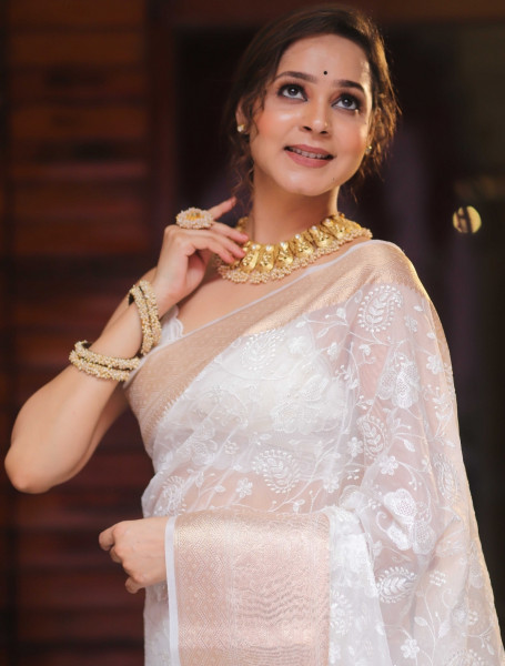 Organza Silk Chikankari Embroidery  Saree