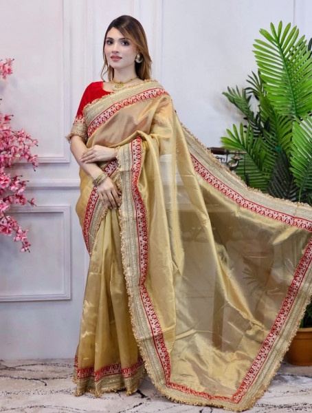 Premium Banarasi Tissue Silk Saree with Designer Red Zari Border