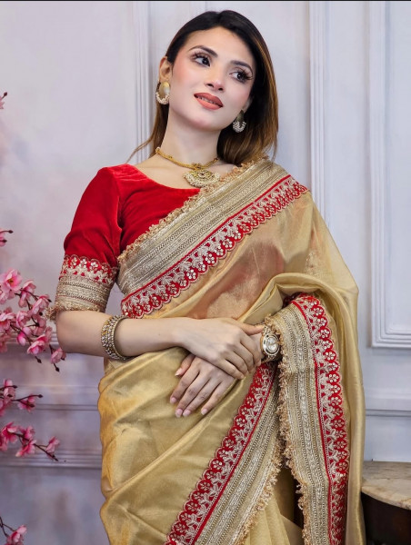 Premium Banarasi Tissue Silk Saree with Designer Red Zari Border