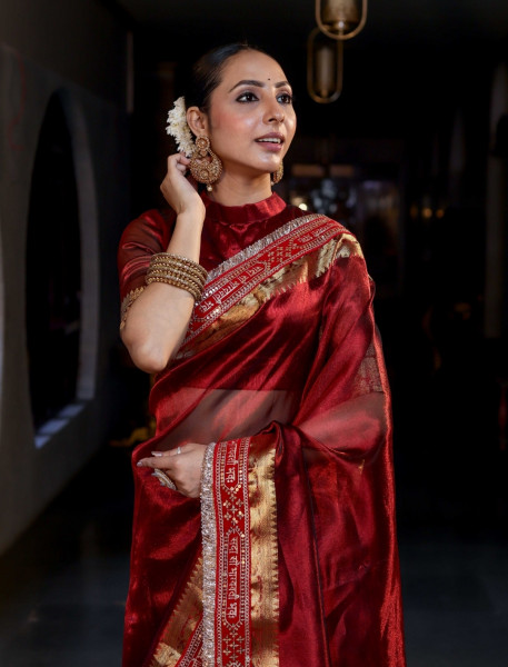 Premium Banarasi Tissue Silk Saree with Designer Black Zari Border