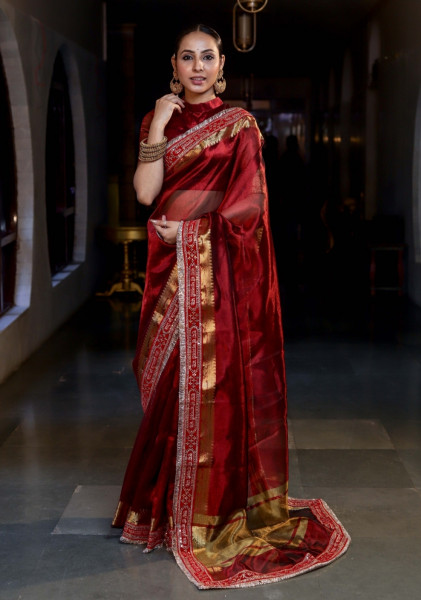 Premium Banarasi Tissue Silk Saree with Designer Black Zari Border