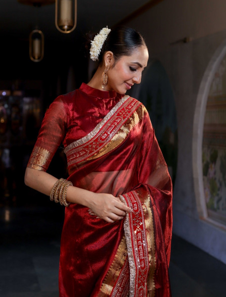 Premium Banarasi Tissue Silk Saree with Designer Black Zari Border