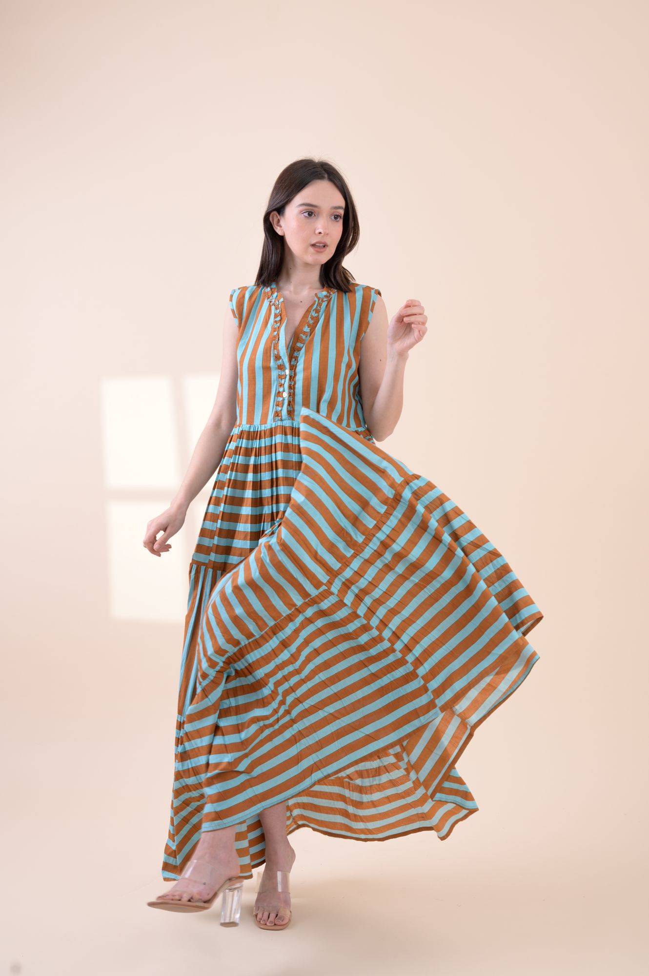 Geisha Dress Soneva Stripe Blue brown
