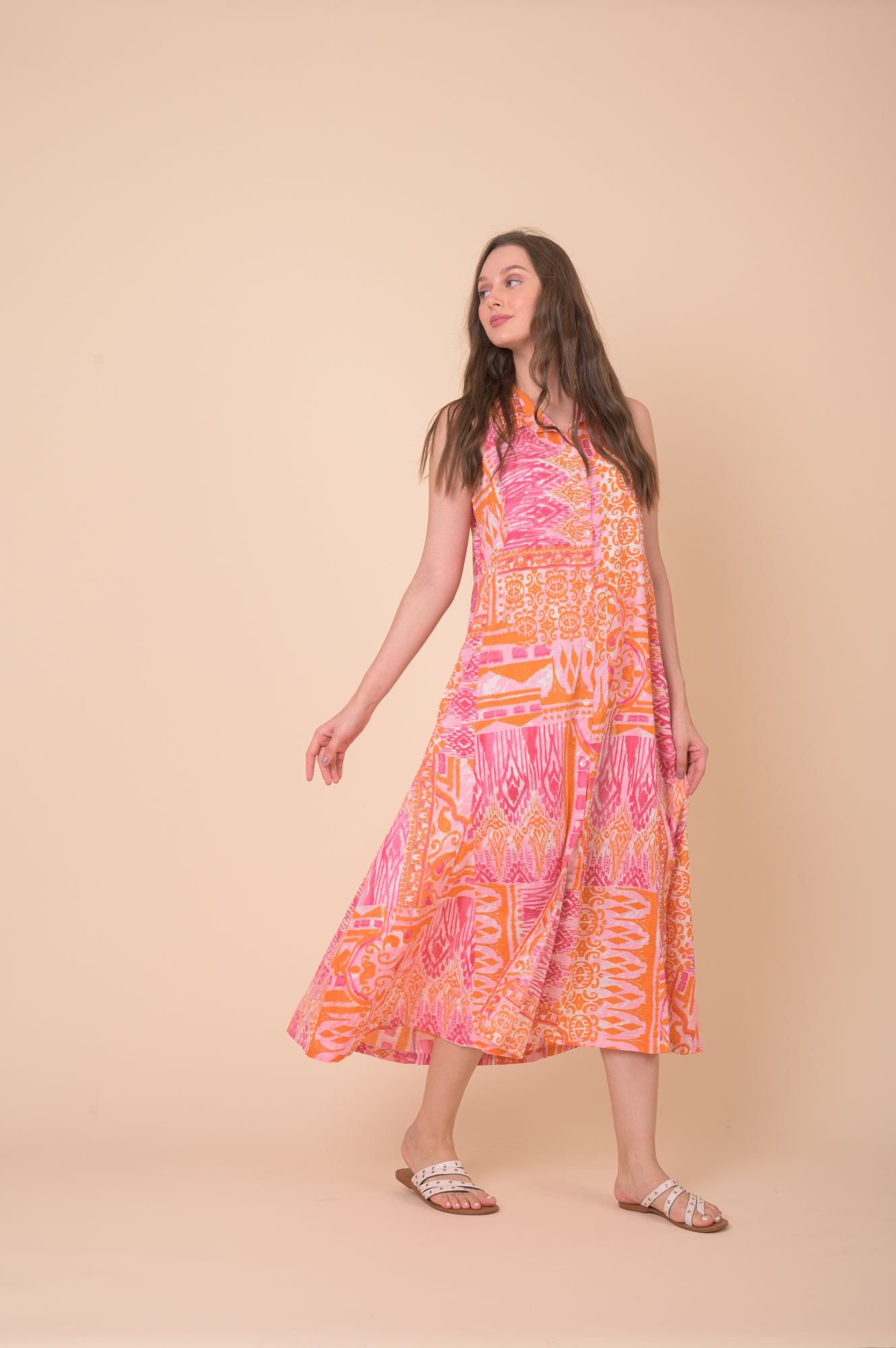 Safari Dress Manek Ikat Pink Orange