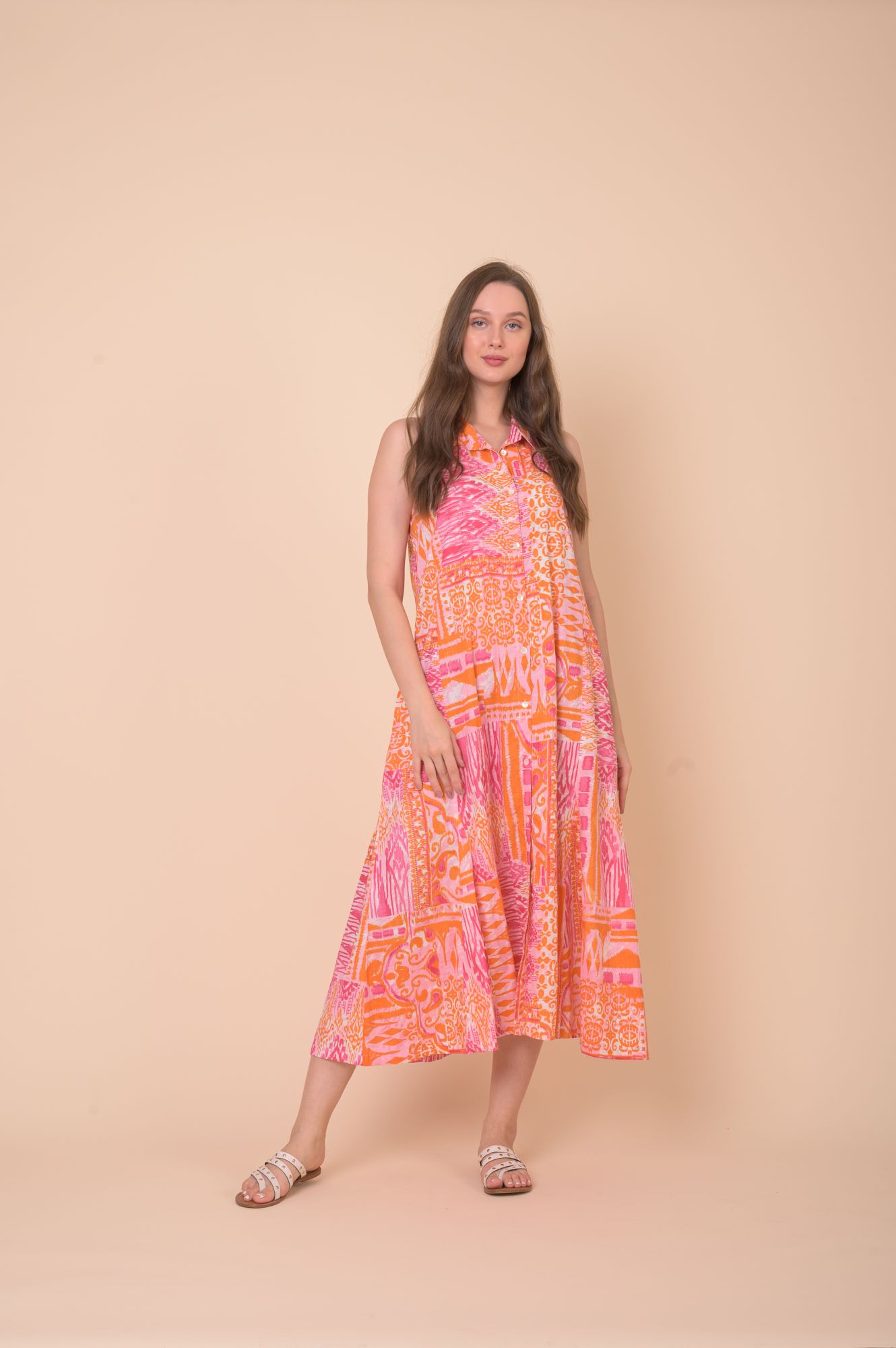 Safari Dress Manek Ikat Pink Orange