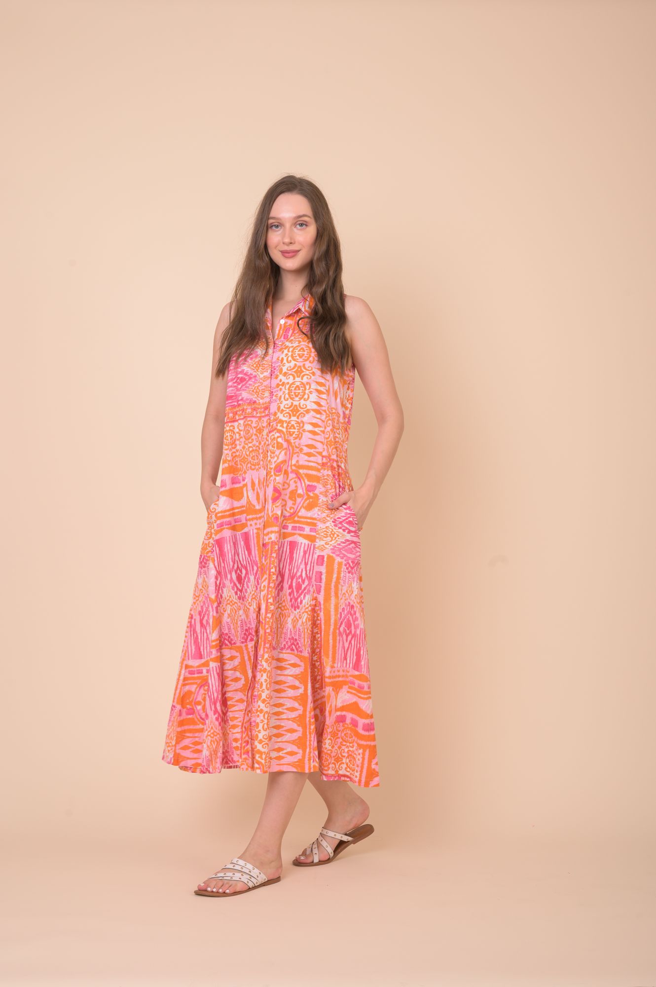 Safari Dress Manek Ikat Pink Orange