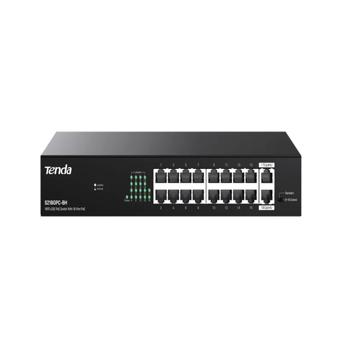 TEI-S218 GPC-BH | Tenda 16-Port PoE Switch with 2 Gigabit Uplink Ports