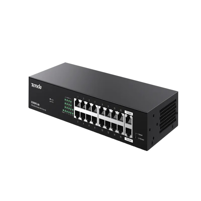 TEI-S218 GPC-BH | Tenda 16-Port PoE Switch with 2 Gigabit Uplink Ports