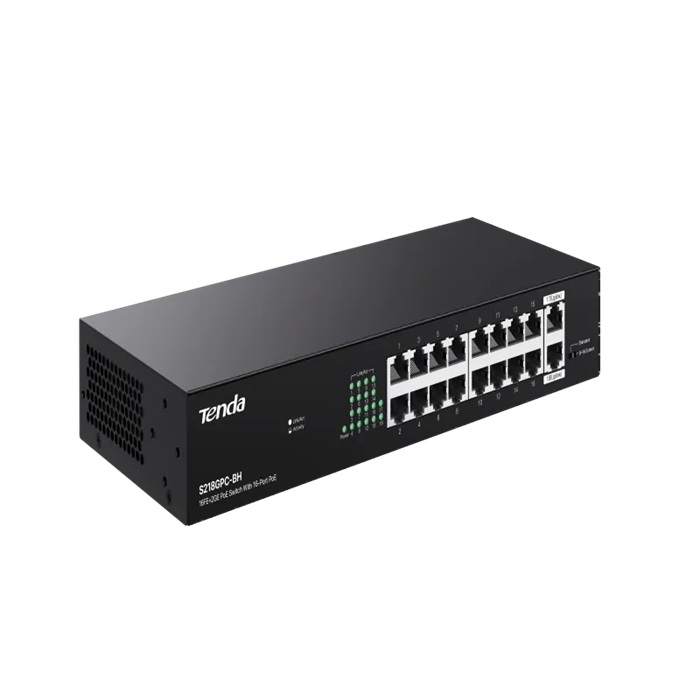 TEI-S218 GPC-BH | Tenda 16-Port PoE Switch with 2 Gigabit Uplink Ports