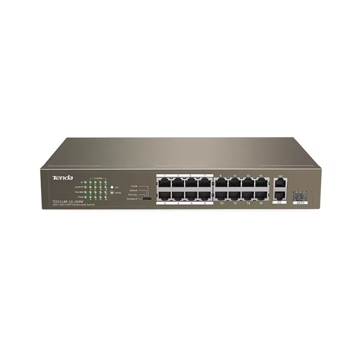 TEF1118P-16-150W | Tenda 16 Port PoE Switch with 2 Gigabit Uplinks & SFP