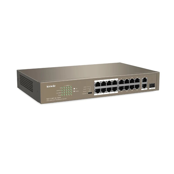 TEF1118P-16-150W | Tenda 16 Port PoE Switch with 2 Gigabit Uplinks & SFP