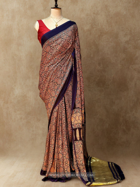 Image of Saisha: Blue Modal Silk Hand blocked Ajrakh Zari Lagdi Patta Saree