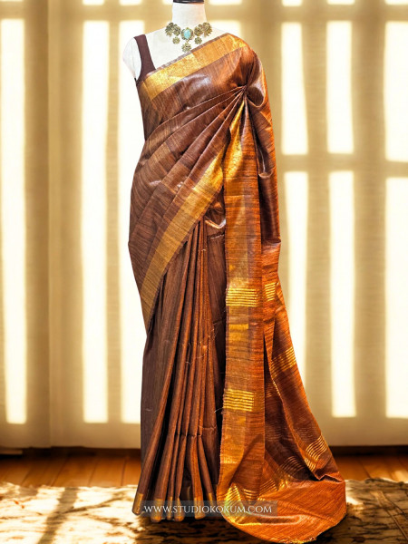 Mahika: Brown Woven Pure Tussar Silk Saree