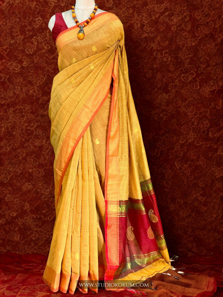 Image of Aatika- Pure Cotton Saree in yellow with Exclusive Zari Border &amp; Pallu