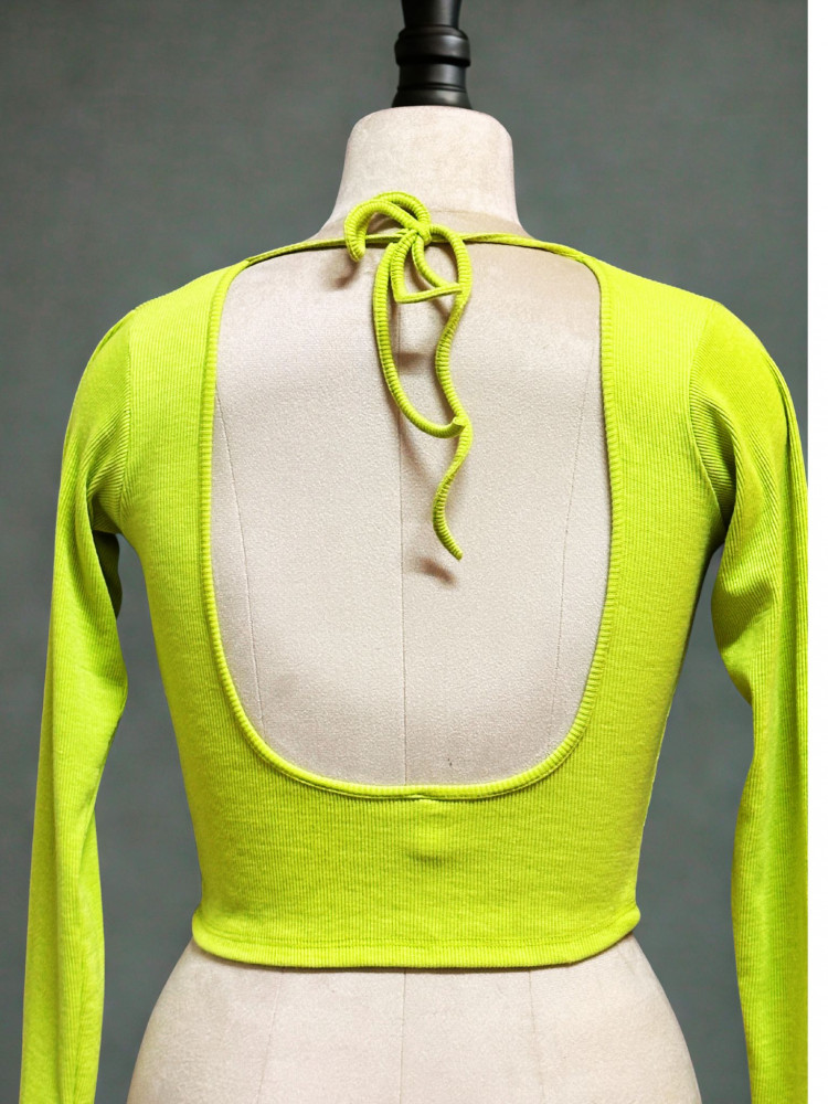Image of Full Sleeves Stretchable Back Strings Blouse in Light Neon Green Colour
