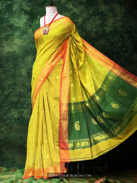 Image of Anvesha - Pure Cotton Saree in green with Exclusive Zari Border &amp; Pallu