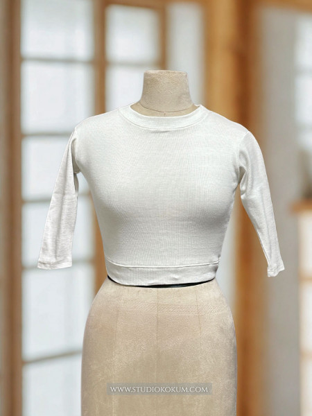 Image of Elbow Sleeves Stretchable Blouse in White Colour