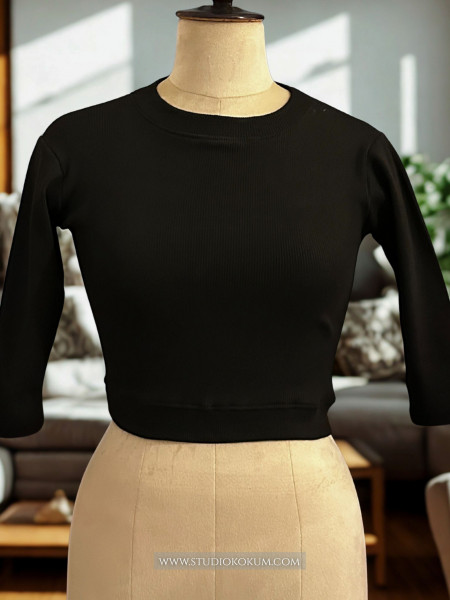 Elbow Sleeves Stretchable Blouse in Black Colour