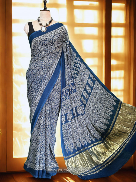 Falak: Cobalt Blue Modal Silk Hand blocked Ajrakh Zari Lagdi Patta Saree