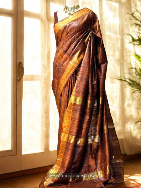 Mahika: Brown Woven Pure Tussar Silk Saree