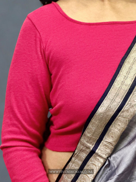 Full Sleeves Stretchable Back Strings Blouse in Hot Pink Colour