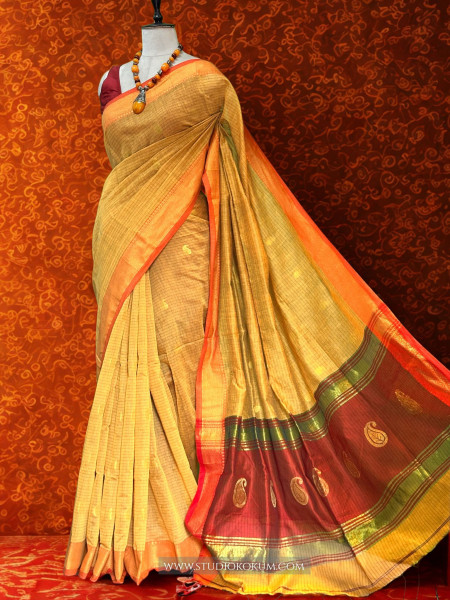 Aatika- Pure Cotton Saree in yellow with Exclusive Zari Border & Pallu