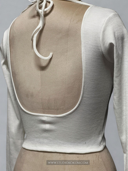 Full Sleeves Stretchable Back Strings Blouse in White Colour