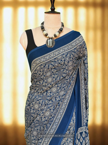 Falak: Cobalt Blue Modal Silk Hand blocked Ajrakh Zari Lagdi Patta Saree