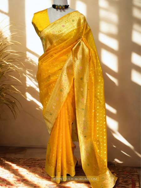 Image of Myra - Golden Colour Organza Banarasi Saree